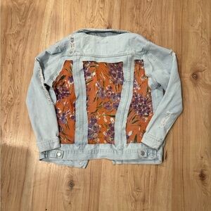 Light Blue Denim Jacket with Floral Panels upcycled size m